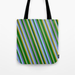 [ Thumbnail: Vibrant Purple, Light Sky Blue, Dark Goldenrod, Dark Green, and Forest Green Colored Lines Pattern Tote Bag ]