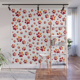 Red Orange Dog Paws Print Dog Lovers Pattern Wall Mural