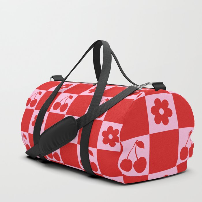 Cherry Flowers Pink & Red Checker Duffle Bag