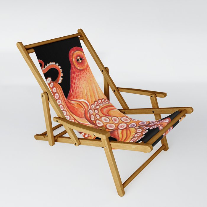 Red Orange Octopus Tentacles Kraken on Black Watercolor Art Sling Chair