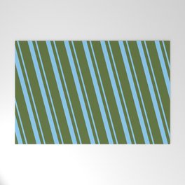 [ Thumbnail: Light Sky Blue and Dark Olive Green Colored Lined/Striped Pattern Welcome Mat ]