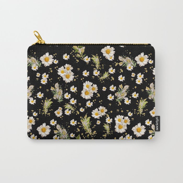 White Daisies Floral Field Pattern Seamless Cottagecore Midnight Black Background Carry-All Pouch