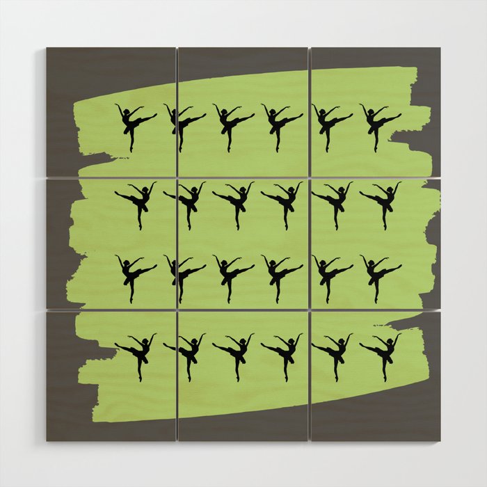 Ballerina figures in black on green brush stroke Wood Wall Art