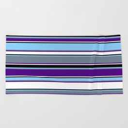 [ Thumbnail: Light Sky Blue, Slate Gray, Indigo, White, and Black Colored Lines/Stripes Pattern Beach Towel ]