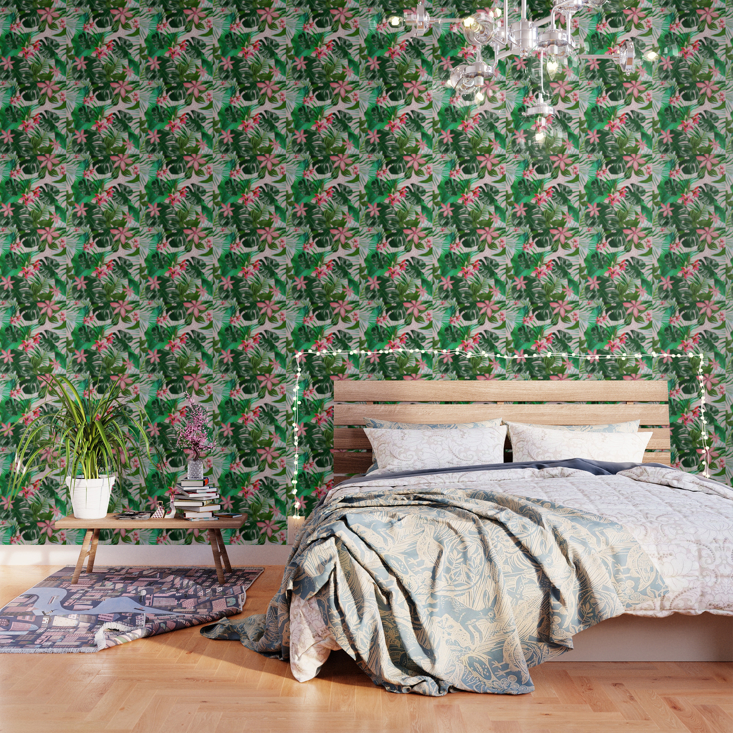 Tropical Palm Leaf With Red Flowers Wallpaper By Chrissyink Society6