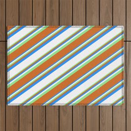 [ Thumbnail: Blue, White, Light Green, and Chocolate Colored Lined Pattern Outdoor Rug ]