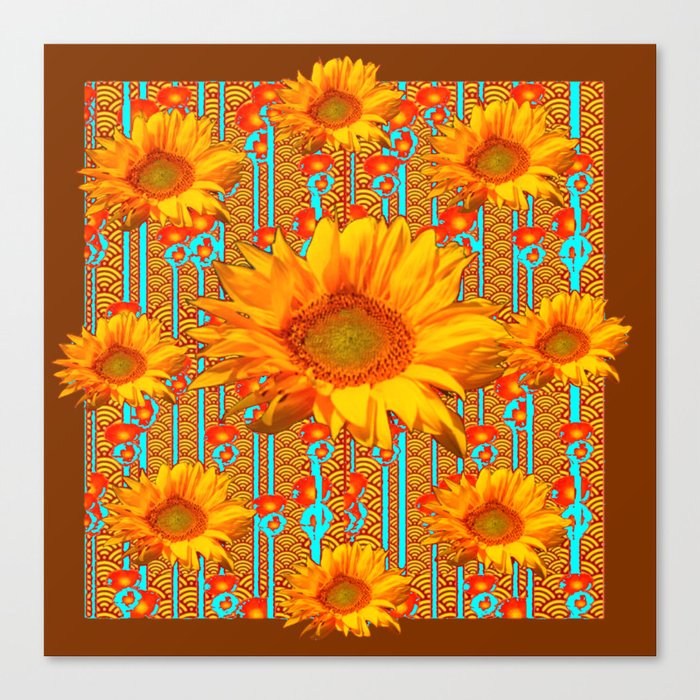 Coffee Brown Sunflower Pattern Orange & Turquoise Canvas Print