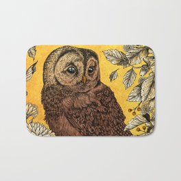 Tawny Owl Yellow Badematte | Vintage, Drawing, Berries, Drafting, Owl, Nature, Feathers, Flowers, Illustration, Digital 
