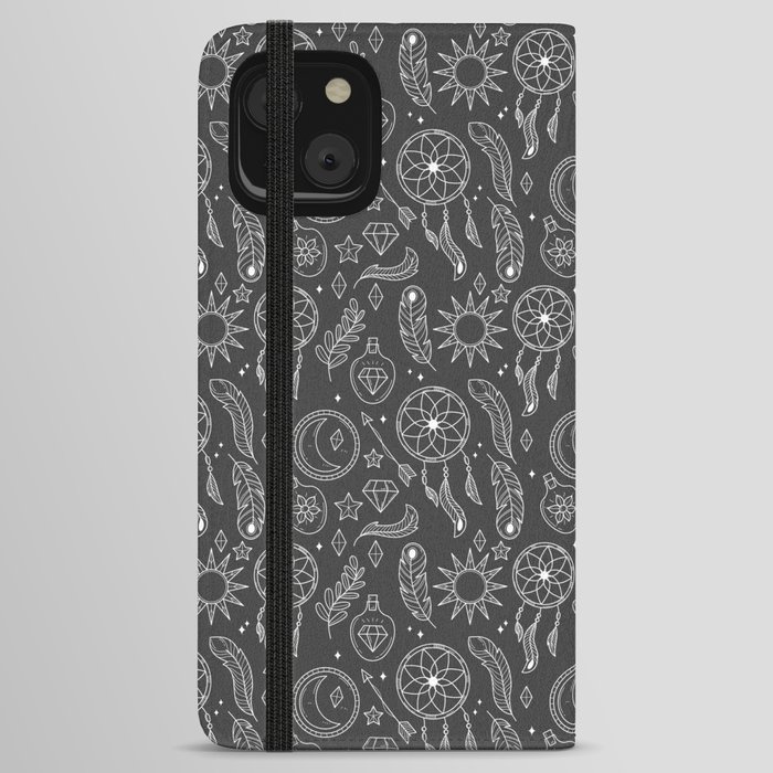 Dark Grey And White Hand Drawn Boho Pattern iPhone Wallet Case