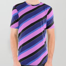 [ Thumbnail: Vibrant Midnight Blue, Royal Blue, Violet, Black, and White Colored Pattern of Stripes All Over Graphic Tee ]