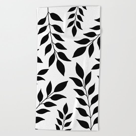 Black Leaves Pattern Beach Towel