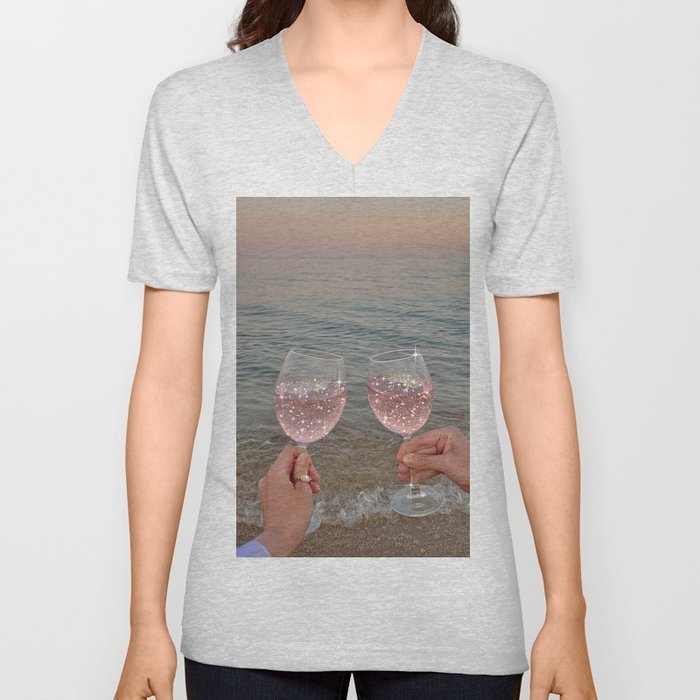 Wine Glass Glitter Sunset Drinks  V Neck T Shirt
