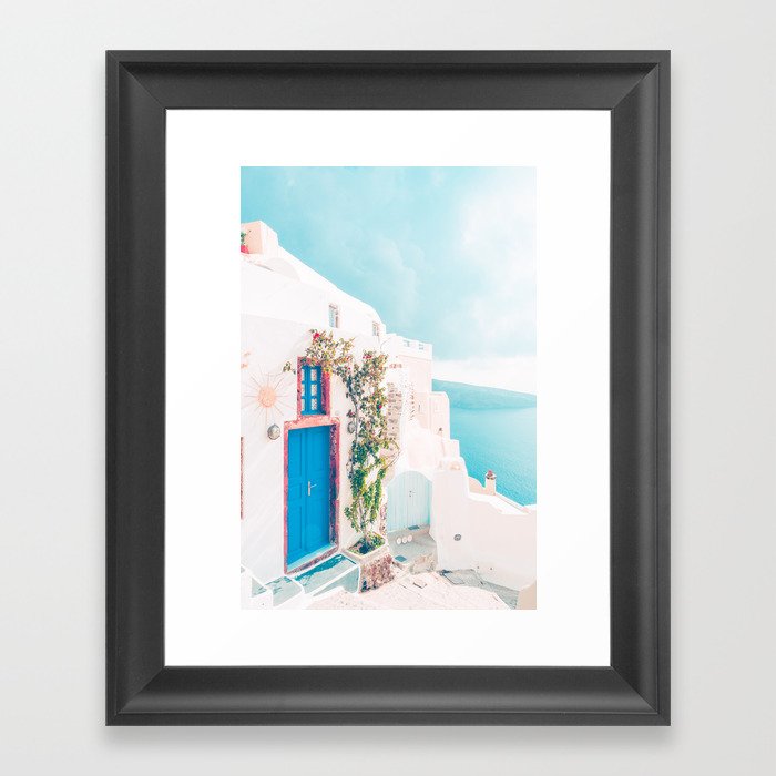 Santorini Greece Blue Door Cozy Photography Framed Art Print