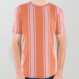 [ Thumbnail: Coral and Pink Colored Pattern of Stripes All Over Graphic Tee ]