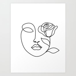 Beauty woman face with rose. Abstract minimal fine art. One line drawing. Art Print