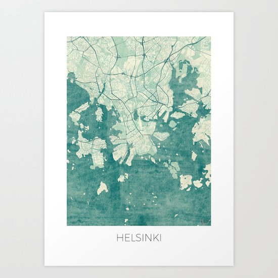 Helsinki Map Blue Vintage Art Print