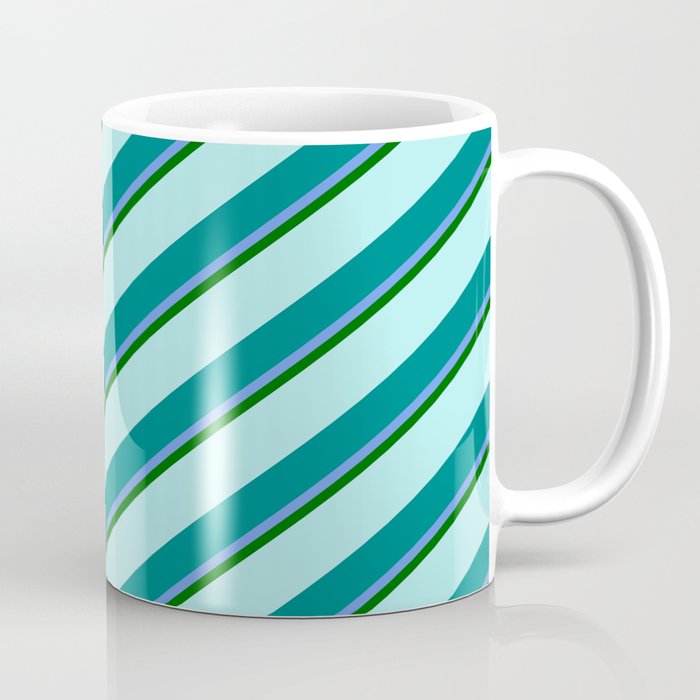 Turquoise, Teal, Cornflower Blue & Dark Green Colored Lined Pattern Coffee Mug