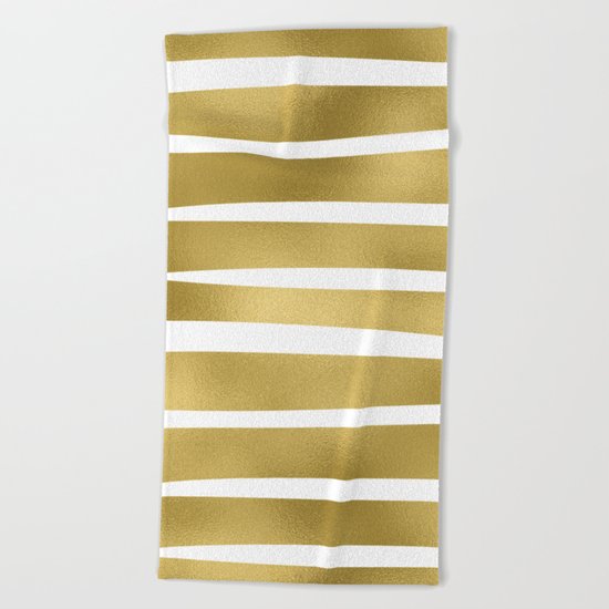 Gold unequal stripes on clear white - horizontal pattern Beach Towel