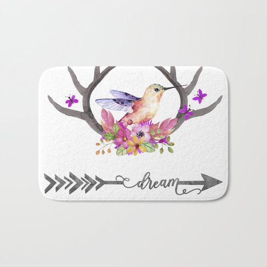 Hummingbird on floral Antlers and Dream arrow Bath Mat