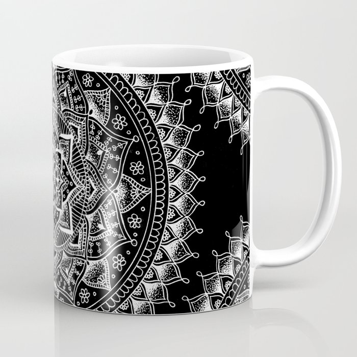 White Flower Mandala on Black Coffee Mug