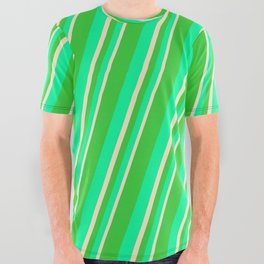 [ Thumbnail: Lime Green, Green & Bisque Colored Stripes Pattern All Over Graphic Tee ]