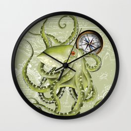 Green Octopus compass vintage map nautical Wall Clock