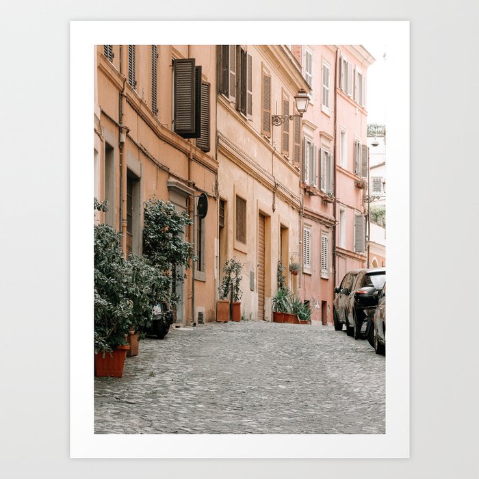 Pastel Color Houses Cobblestone Street Trastevere Rome Italy Art Print