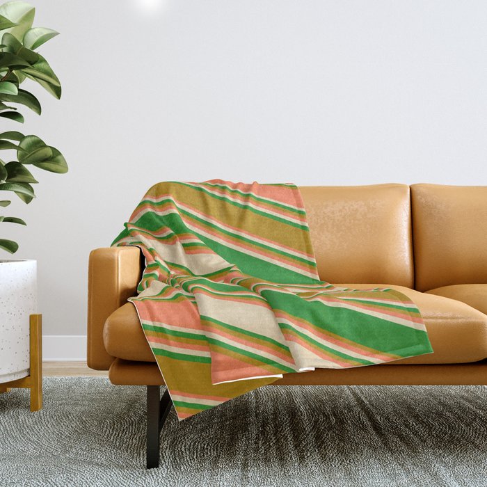Coral, Tan, Forest Green, and Dark Goldenrod Colored Stripes/Lines Pattern Throw Blanket