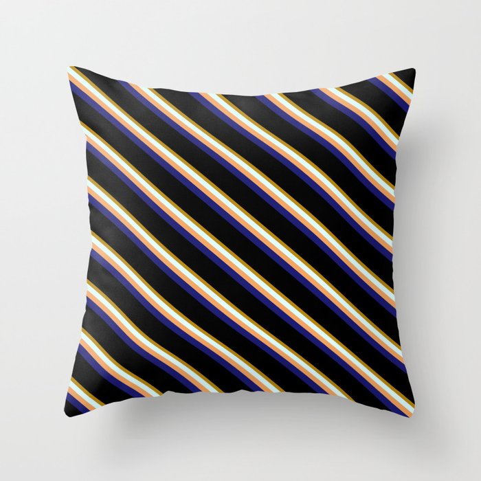 Vibrant Dark Goldenrod, Light Cyan, Brown, Midnight Blue & Black Colored Stripes/Lines Pattern Throw Pillow