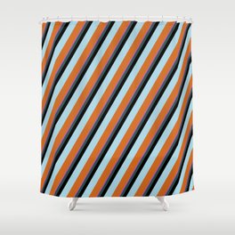 [ Thumbnail: Orchid, Dark Slate Gray, Black, Light Blue & Chocolate Colored Striped/Lined Pattern Shower Curtain ]
