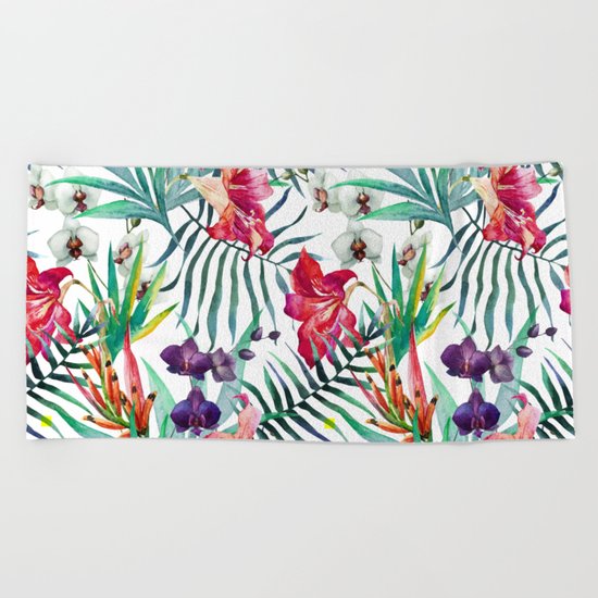 Tropical Watercolor Floral Beach Towel