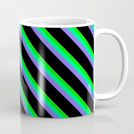 [ Thumbnail: Eye-catching Tan, Lime, Green, Medium Slate Blue & Black Colored Striped/Lined Pattern Coffee Mug ]