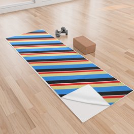 [ Thumbnail: Colorful Red, Tan, Blue, Black & White Colored Lined/Striped Pattern Yoga Towel ]