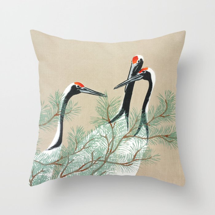 Vintage Japanese Cranes, Taupe Throw Pillow