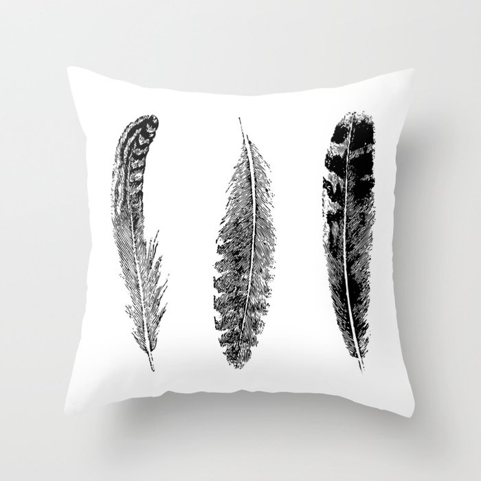 Feather Trio | Three Feathers | Bird Feathers | Black and White | Throw Pillow