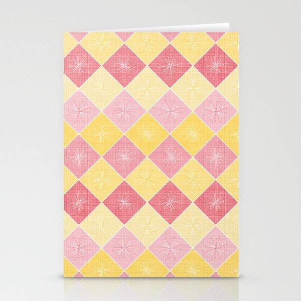 Yellow Pink Atomic Age Starburst Check Stationery Cards