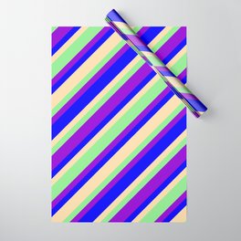 [ Thumbnail: Light Green, Dark Violet, Blue & Tan Colored Lines Pattern Wrapping Paper ]