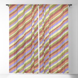 [ Thumbnail: Eyecatching Medium Slate Blue, Tan, Green, Dark Red & Chocolate Colored Striped/Lined Pattern Sheer Curtain ]