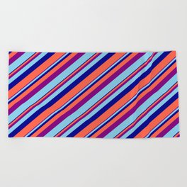 [ Thumbnail: Purple, Sky Blue, Dark Blue, and Red Colored Lines/Stripes Pattern Beach Towel ]