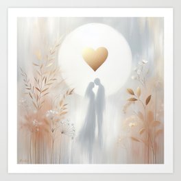 Wedding couple in love with golden heart.  Art Print