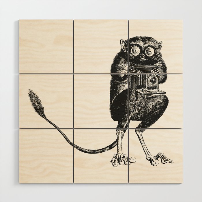 Say Cheese! | Tarsier with Vintage Camera | Black and White | Wood Wall Art