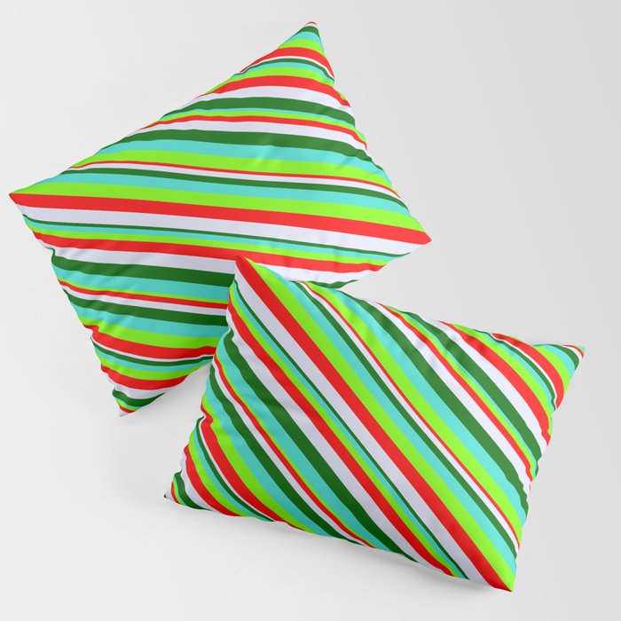 Vibrant Turquoise, Green, Red, Lavender & Dark Green Colored Lined/Striped Pattern Pillow Sham