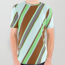 [ Thumbnail: Brown, Light Green, Light Cyan, and Grey Colored Lined Pattern All Over Graphic Tee ]