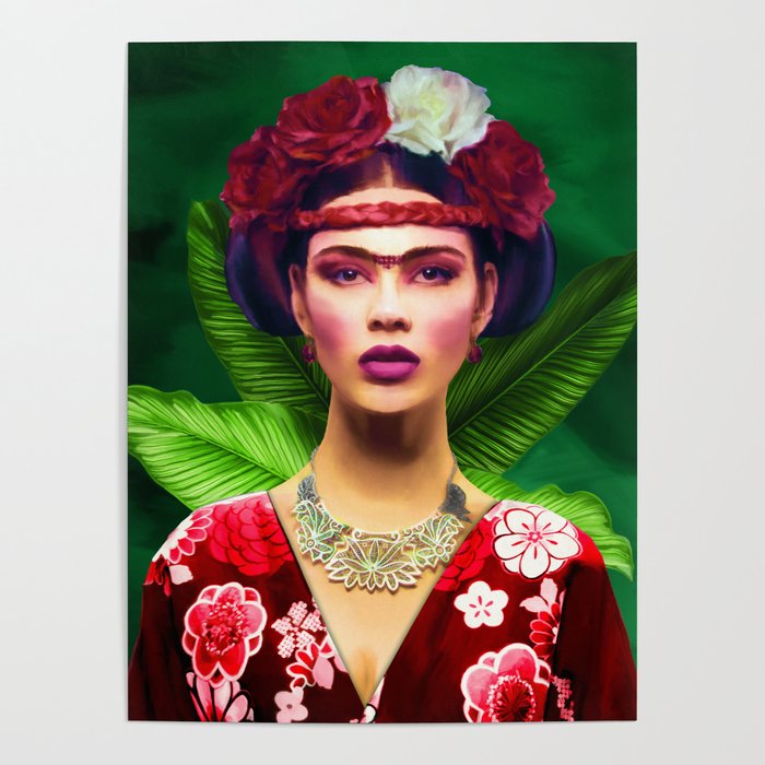Classic digital oil painting of Asian women with traditional clothing and flowers in her hair Poster