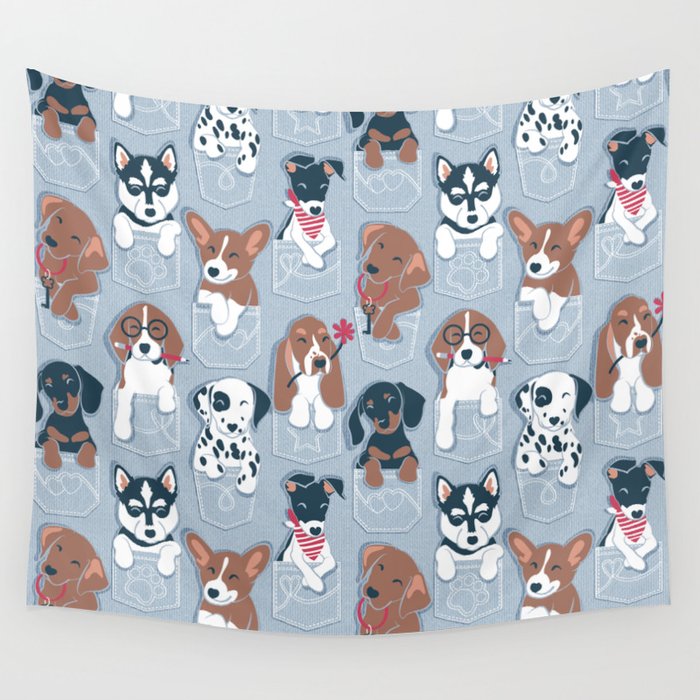 Pure love pockets I // pastel blue background Dachshund Beagle Dalmatian Basset Hound Labrador Retriever Husky Welsh Corgi and Italian Greyhound dog puppies Wall Tapestry