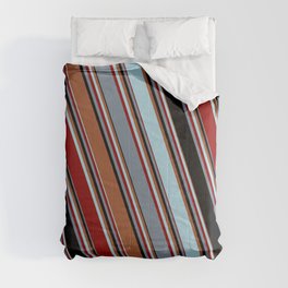[ Thumbnail: Sienna, Light Blue, Dark Red, Light Slate Gray, and Black Colored Pattern of Stripes Comforter ]