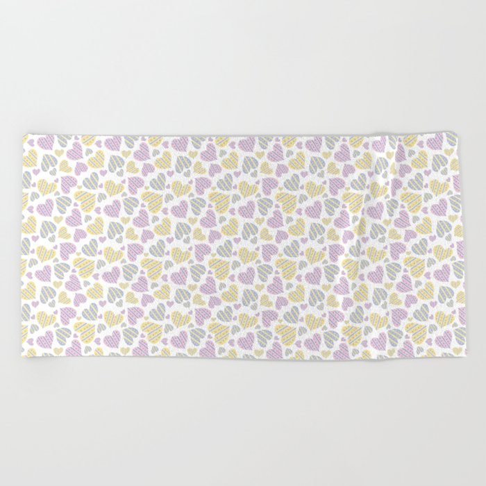Whimsical Pink Yellow & Blue Hearts Beach Towel