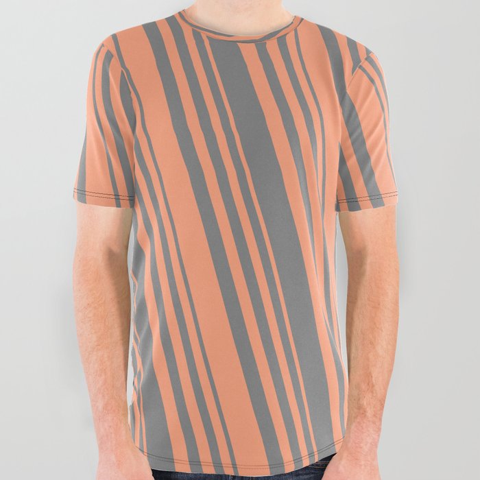 Grey and Light Salmon Colored Lined Pattern All Over Graphic Tee