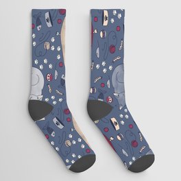 Sleepy Cat Dreams Pattern, Blue Grey Socks
