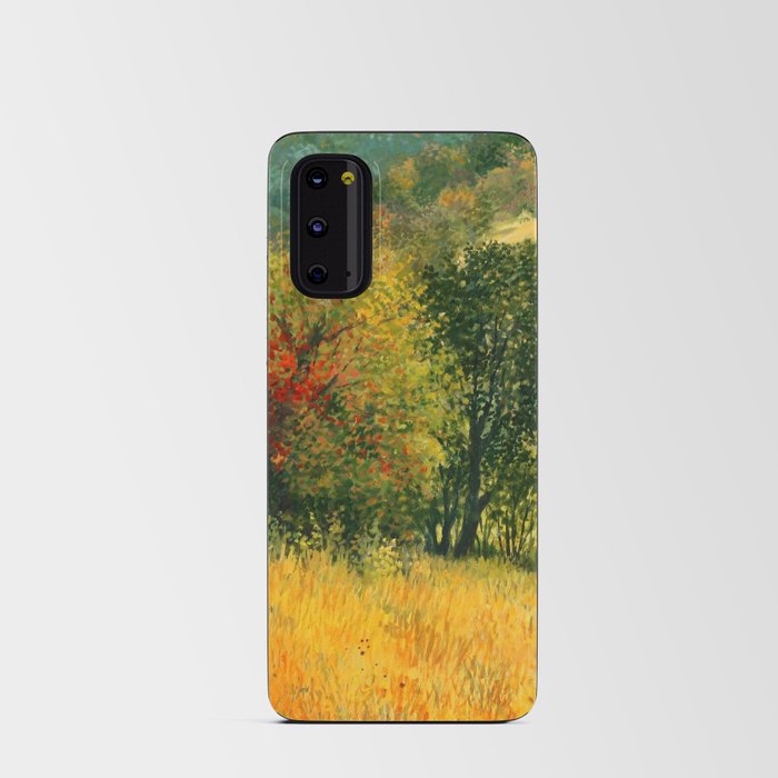 An oil painting on canvas of a seasonal autumn rural landscape with colorful old pear tree, growing alone on a bright sunny meadow near the forest Android Card Case